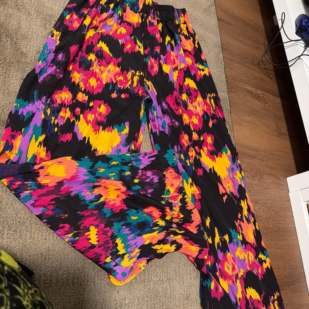 SHEIN Wide Leg Pants in Black with Yellow, Pink, Purple, Teal